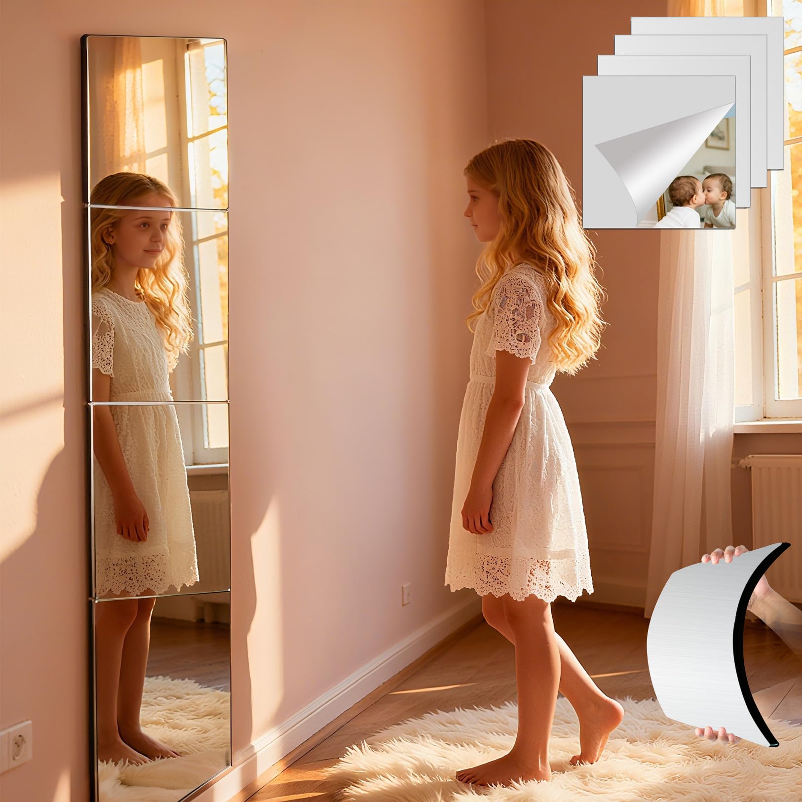 Unbreakable Kids Mirror Tiles for Wall Decor, 4 PCS 12 x 12 Inches Toddler Mirror Full Length, Stick on Classroom Small Plastic Baby Mirrors, Shatterproof Home Gym Acrylic Door Mirrors for Bedroom