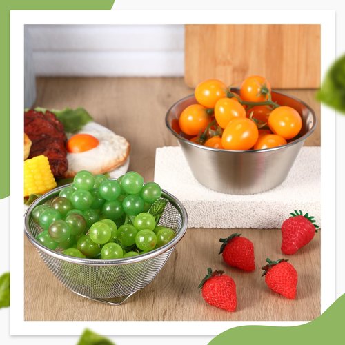 Baderke 2 Pcs Mini Colander & Food Strainer 304 Stainless Steel Small Mixing Colanders Bowl Rice Strainer for Kitchen Cooking Fruit Washing Vegetable(5.51 x 2.36 Inches,Silvery)