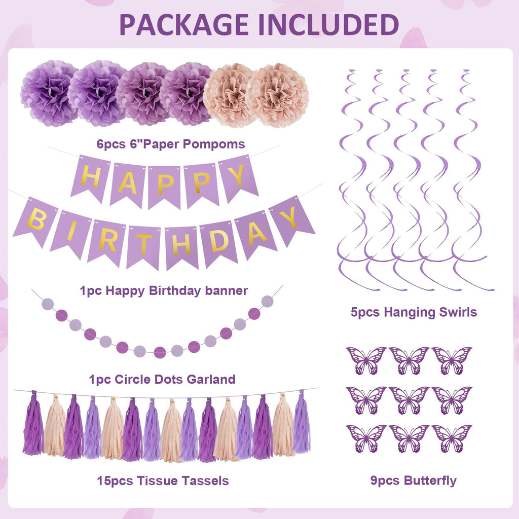 Dusty Purple Birthday Party Decorations, Lavender Pink Sand Confetti Rose Gold Balloons Happy Birthday Banner Fringe Curtains Butterfly Hanging Swirls Circle Dots Tassels Pompoms for Women Girls Party