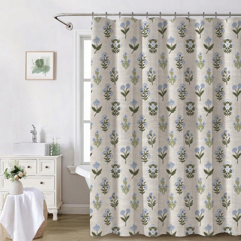 Abstract Vintage Floral Linen Shower Curtain - Neutral Traditional Floral Block Print Pattern in Blue and Green,Botanical Boho Shower Curtain Set for Rustic Farmhouse Frenchy Bathroom Decor 72x72 Inch