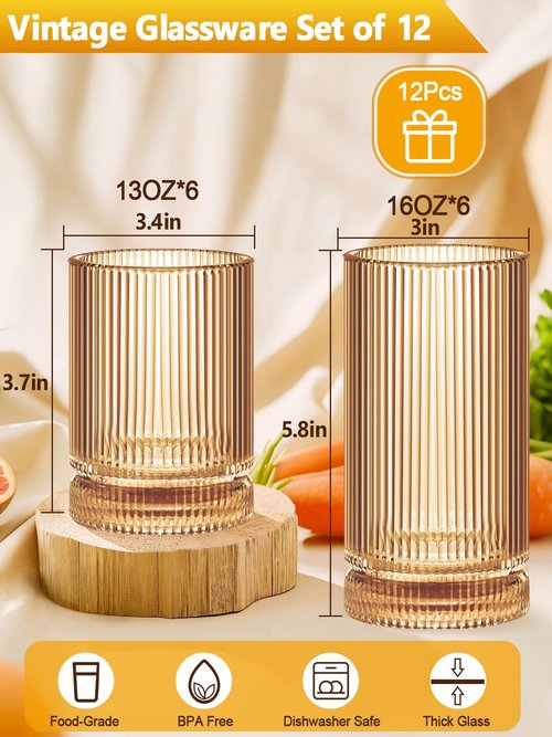 megarte Ribbed Glassware Vintage Drinking Glasses 12Pcs Set （6 Highball Glasses 16Oz And 6 Rocks Glasses 13Oz） Amber Ribbed Glass Cups For Iced Coffee, Cocktails, Juice, Beer, Everyday Drinking