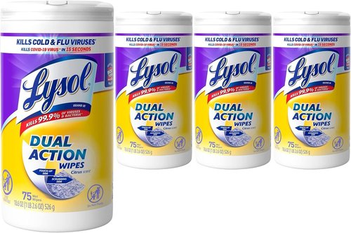 Lysol Dual Action Disinfectant Wipes - Multi-Surface Antibacterial Scrubbing Wipes, Citrus Scent, 75ct (Pack of 4)
