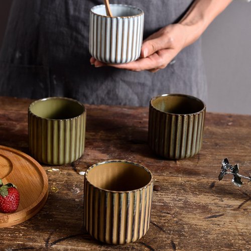 LILITURF Vinitage Ceramic Mug, Japanese Tea Cup 6oz Striped Cup No Handle Drinking Cup for Latte Milk Water Beverage Juice Microwave and Dishwasher Safe, Kiln Transformation Cup (Brown)