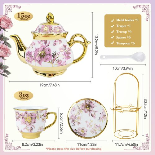 Hebaogugu 20 Pcs Porcelain Tea Set with Metal Holder, European Ceramic Tea Set for Adults, Adult Tea Set Gift, Flower Tea Cup Saucer Set for Party With Gold Flower Painting (Elegant Purple/500ml)