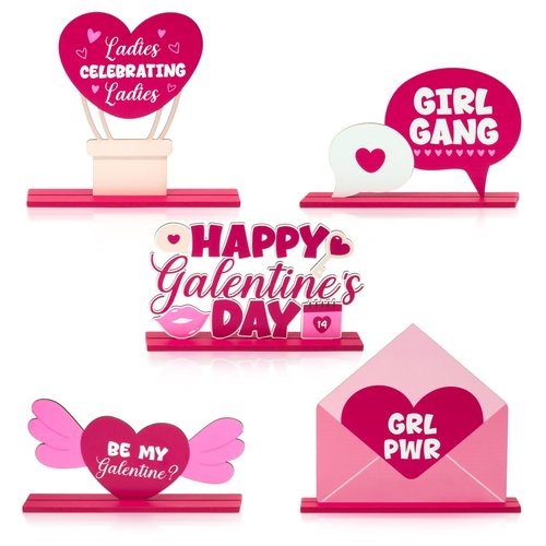 A1diee Galentine's Day Wooden Table Signs Decor- 5Pcs Pink Heart Tiered Tray Centerpieces, Cute Valentine's Day Love Letter Freestanding Table Decoration Signs for Home Happy Galentine Party Birthday