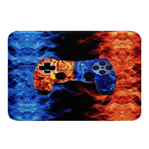 Erosebridal Flame Gaming Area Rug for Boys 16"X24",Teens Wolf Gamer Room Decor Bathroom Rugs Game Console Bath Mat,Kids Gamepad Video Games Fleece Fabric Bath Rugs,Blue Orange