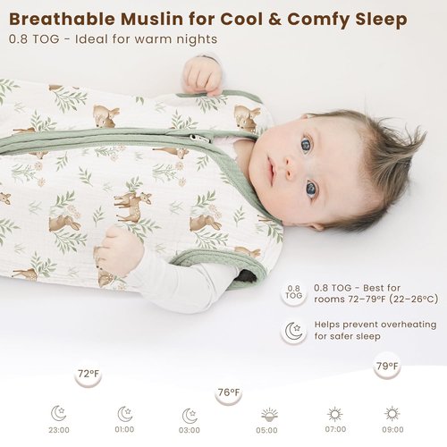 Konssy Muslin Baby Sleep Sack - 100% Cotton Wearable Blanket for 6-12 Months | 2-Pack, 2-Way Zipper, Woodland & Sage