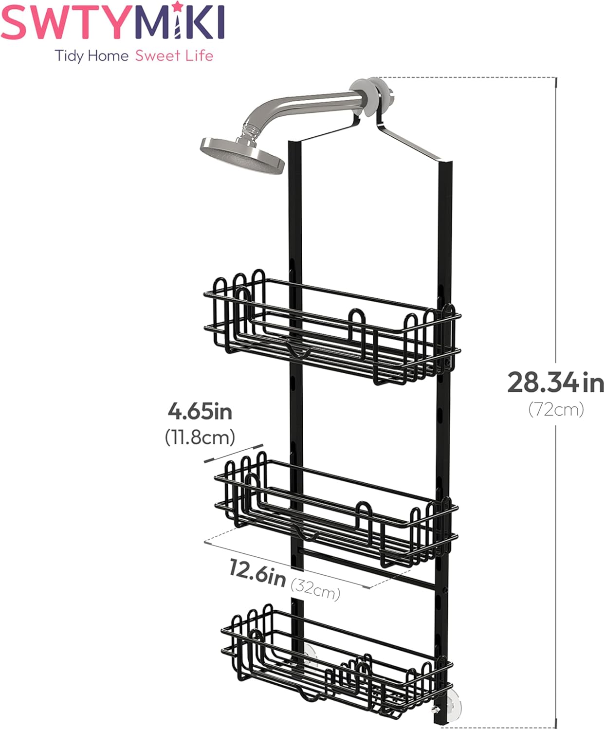 SWTYMIKI Shower Caddy - 3-Tier Rustproof Organizer with Adjustable Baskets & Hooks | No Drill, Black