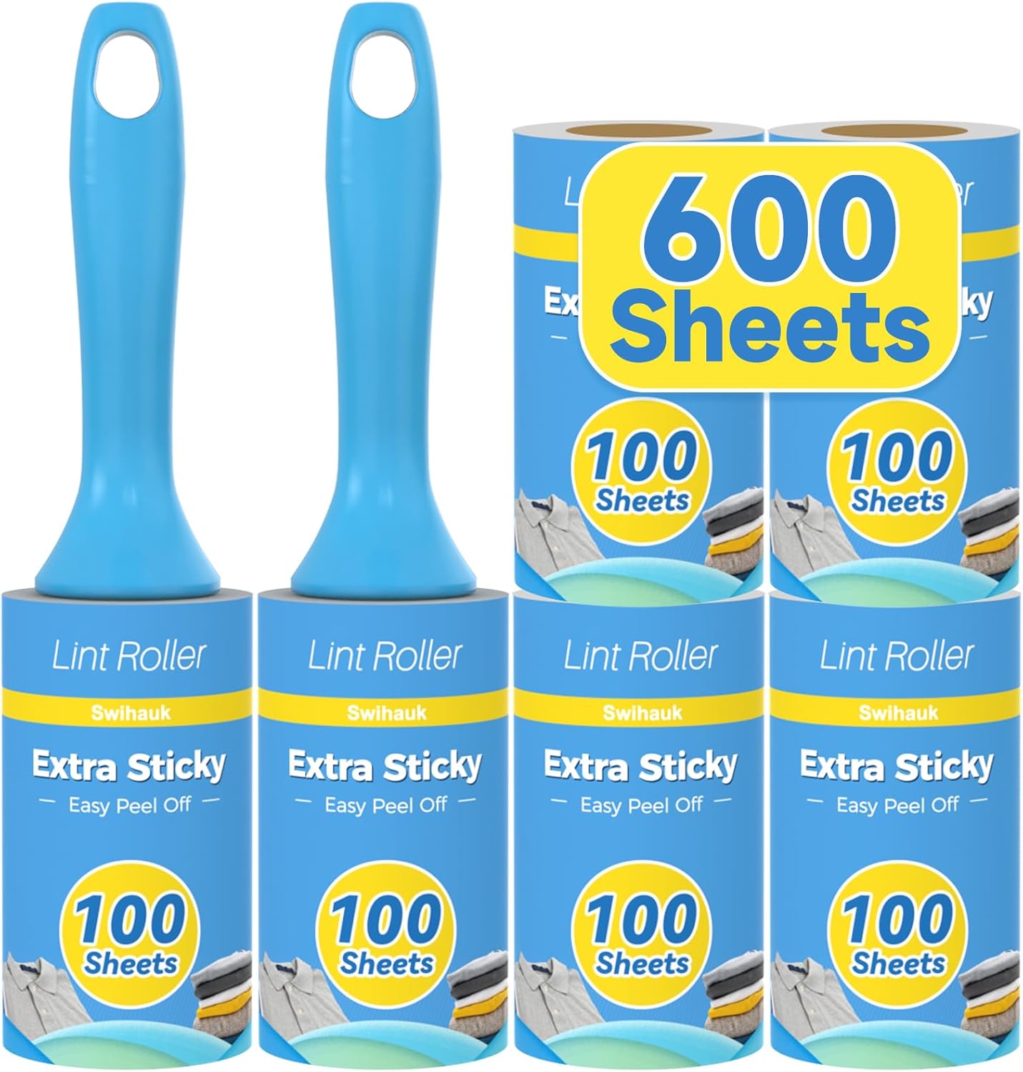 Swihauk Lint Rollers - 600 Sheets Extra Sticky Pet Hair Remover with Ergonomic Handle | Ideal for Clothes, Furniture & Car Seats
