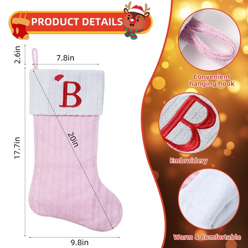 Shgngle Pink Knit Christmas Stockings Personalized, 19.5 Inches Embroidered Letter Christmas Stocking for Holiday Decorations and Xmas Gift(Initial A)
