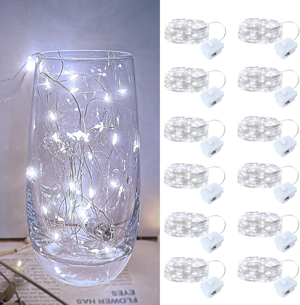 Skiennix 12 Pack LED Fairy Lights - Waterproof 7FT Silver Wire String Lights for DIY Christmas Decor