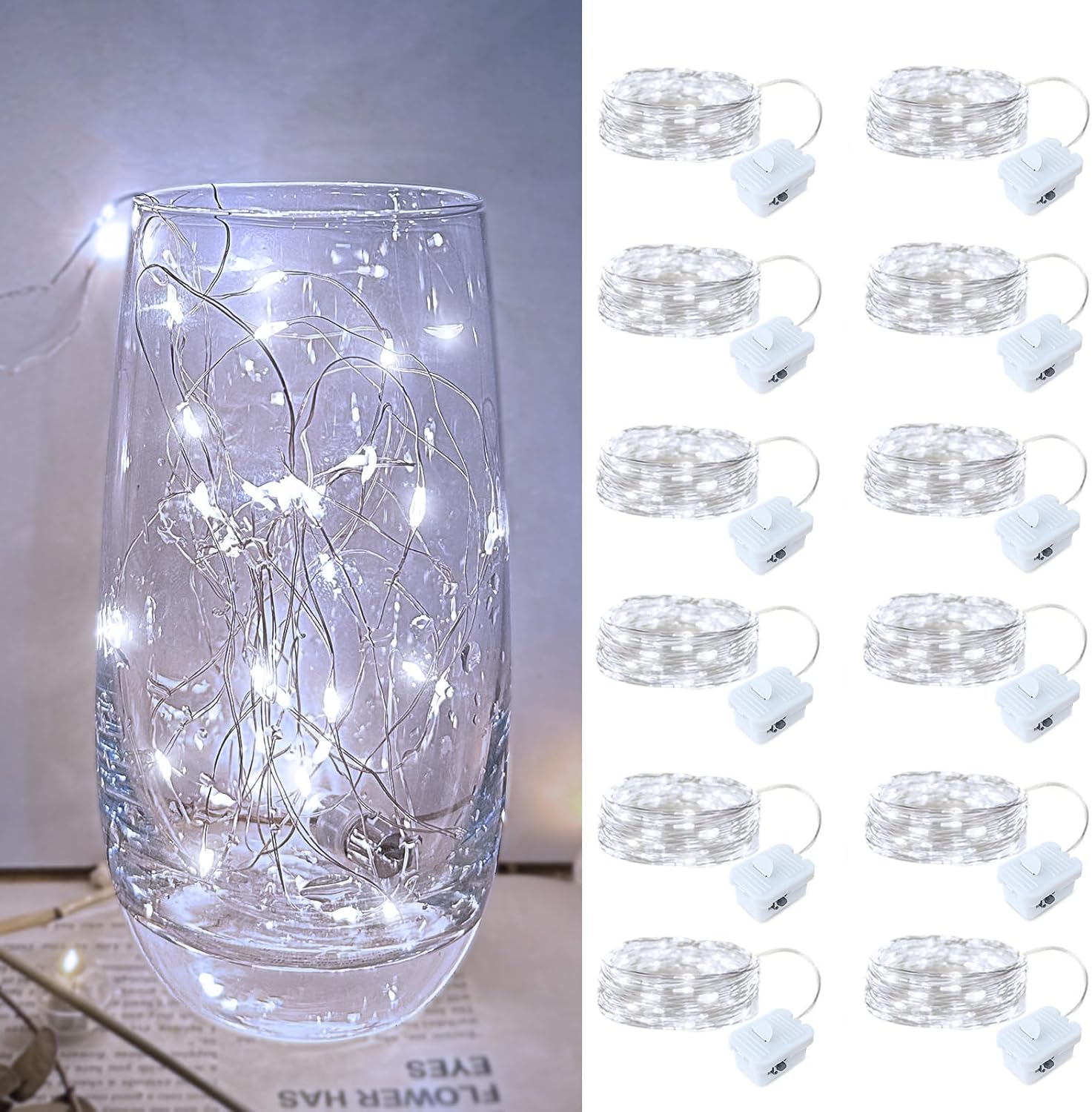 Skiennix 12 Pack LED Fairy Lights - Waterproof 7FT Silver Wire String Lights for DIY Christmas Decor