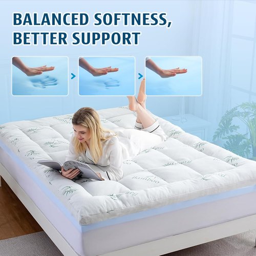 DOWNCOOL Queen Memory Foam Mattress Topper - 4 Inch Dual Layer with Gel & Pillow Top for Back Pain Relief