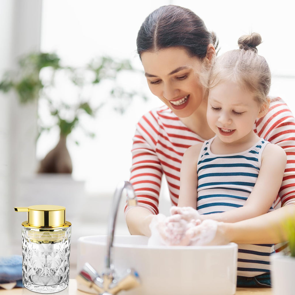 Abriclo Glass Foaming Soap Dispenser 2 Pack Refillable Foaming Hand Soap Dispenser with Gold Large Pump Wide Opening for Bathroom Kitchen Countertop Modern Home Decor with Elegant Pattern, Transparent