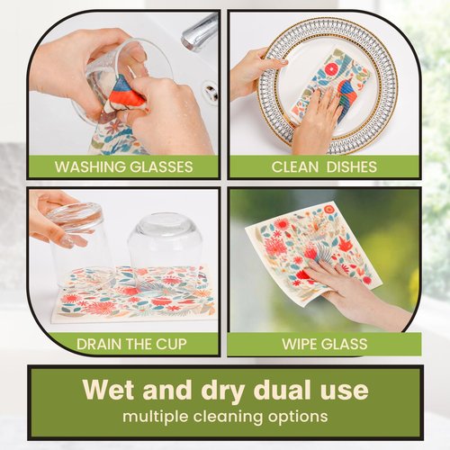 Yelasenari Swedish Dishcloths for Kitchen Reusable 6 Pack Kitchen Towels No Odor Quick-Drying Reusable Paper Towels Reusable Paper Towels Washable for Countertop Sink Kitchen Flower Bird