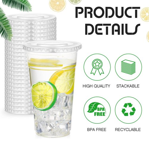 Hortsun 500 Count 107mm Clear PET Plastic Flat Lids with Straw Slot Fits 32oz, 42oz, 44oz Cups Disposable Plastic Transparent Cup Lids for Iced Coffee Milkshake Ice Cream Office Home Travel Supplies