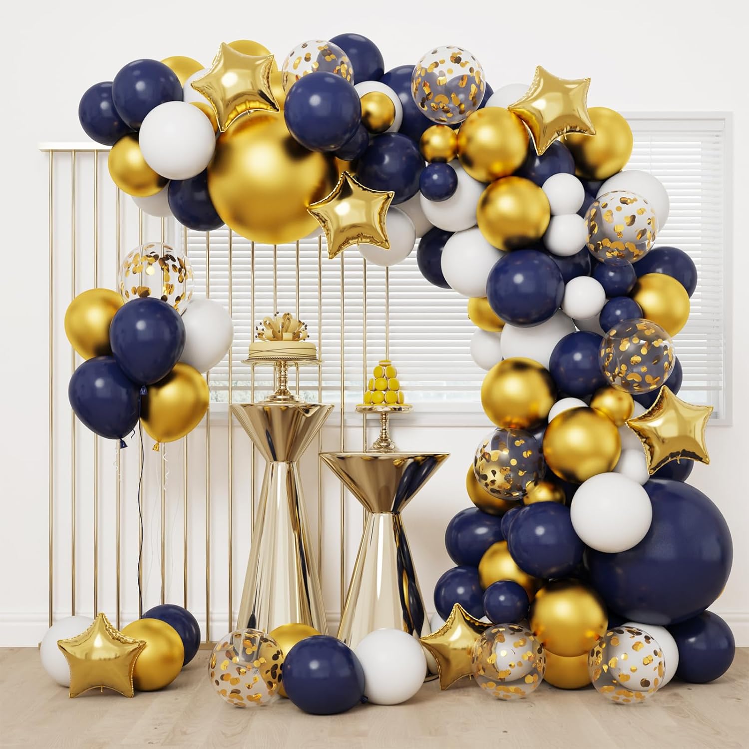 RUBFAC Balloon Garland Arch Kit - 167pcs Navy Blue, Gold & White Balloons with Confetti & Star Foil | Perfect for Graduation, Birthday & Baby Shower Decorations