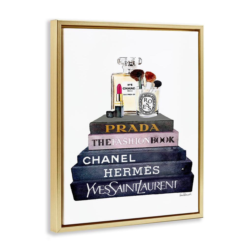 Stupell Industries Glam Fashion Book Set With Makeup, Design by Amanda Greenwood, 24 x 30, Gold Floater Framed