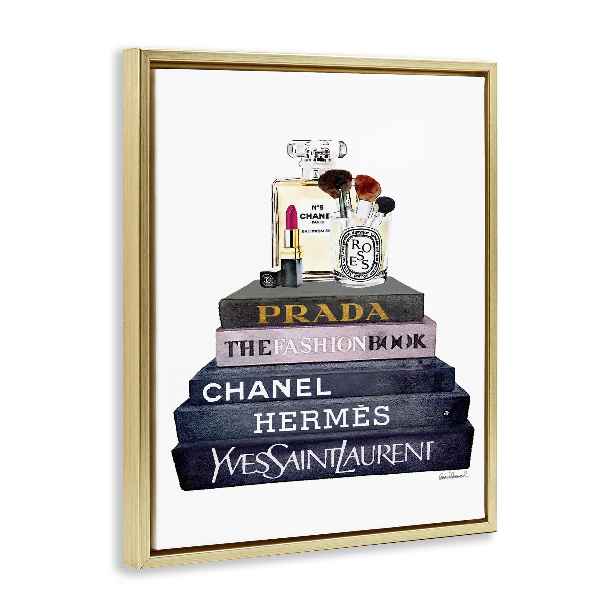 Stupell Industries Glam Fashion Book Set With Makeup, Design by Amanda Greenwood, 24 x 30, Gold Floater Framed