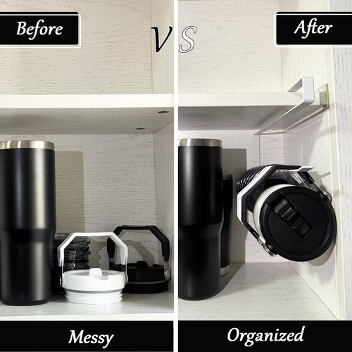2 Pack Tumbler Lid Organizer for Yeti Tumbler & Stanley Water Bottles, Under Cabinet Cup Lid Holder, Space Saving Horizontal Storage Hook Up to 10 Mug Lids, Kitchen Paper Towel Rack Hanger, White