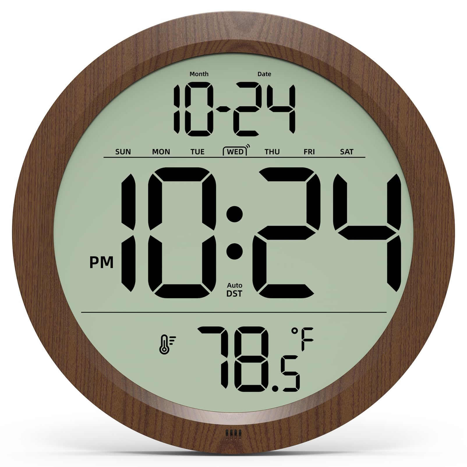 Digital Wall Clock Battery-Operated, 8 Inch Small Decorative Modern Wood Wall Clock with Date, Temperature, Auto-DST, Silent Electric Wall Clock for Bedroom, Living Room, Kitchen, Office, Farmhouse