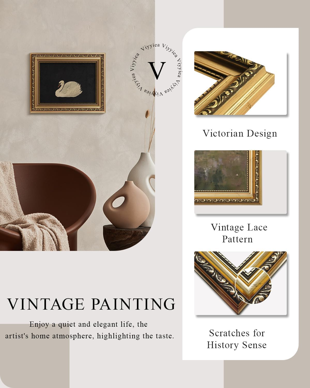 VIYYIEA Gold Framed Wall Art - Grace Swan Canvas Print for Vintage Home Decor | 10L x 8W