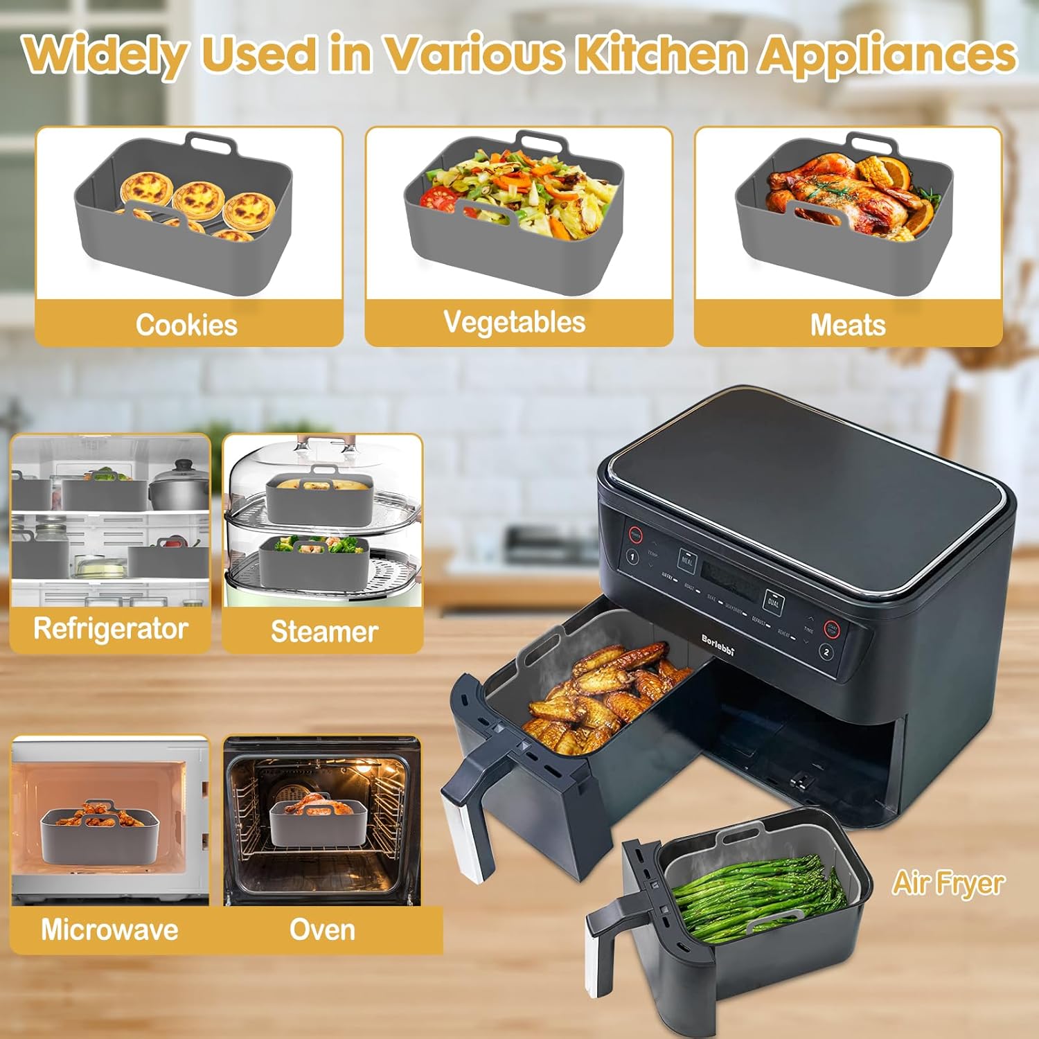 Skiennix Silicone Air Fryer Liners - Reusable Rectangular Basket Inserts for Ninja DZ550/DZ401 | 2 Pcs Grey