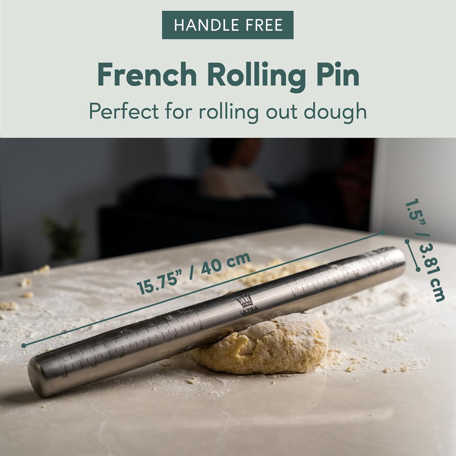Ultra Cuisine French Rolling Pin - Tapered Stainless Steel Design for Baking, Dishwasher-Safe, 16-Inch