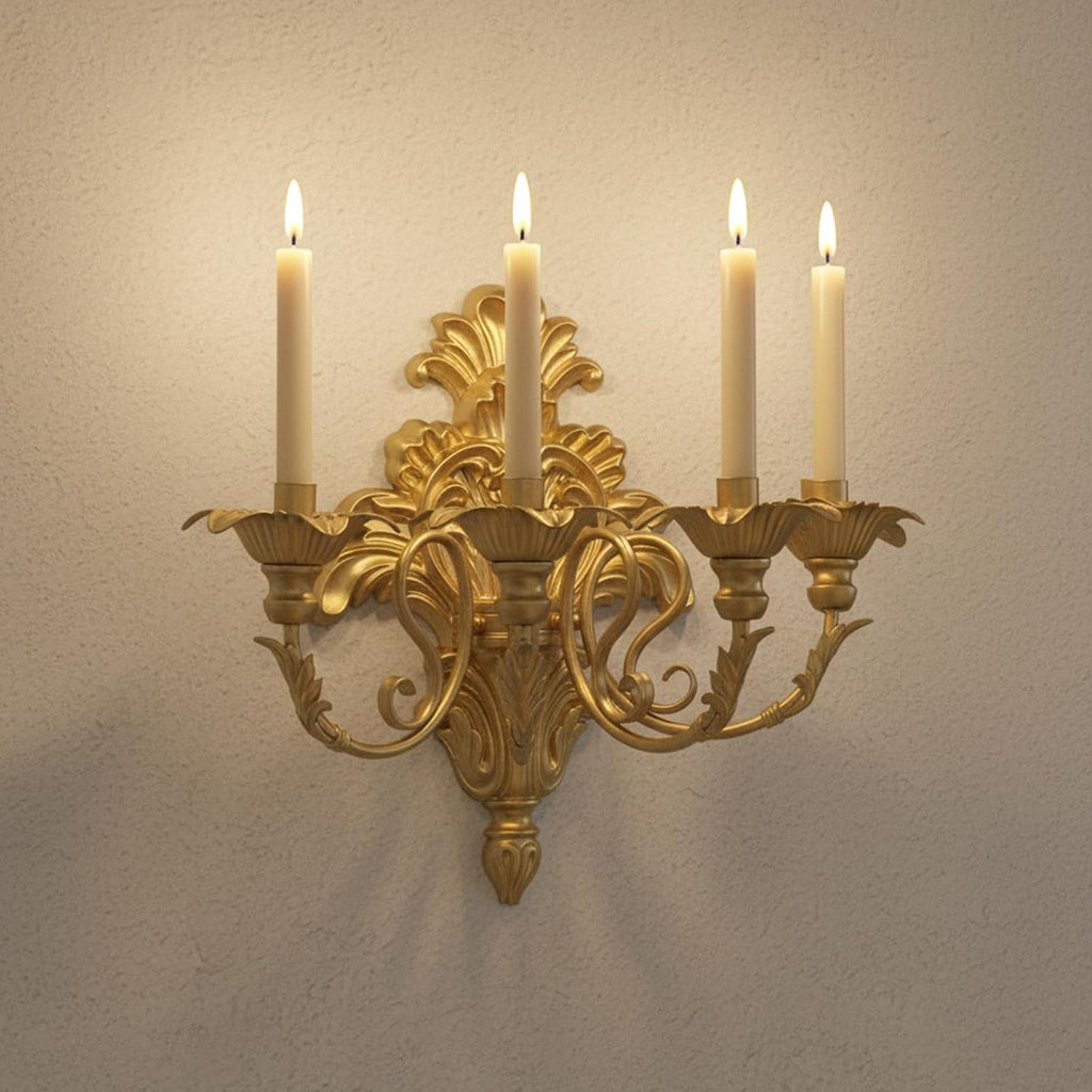 Roman Fountain Wall Sconce - 4-Candle Gold Baroque Candelabra | Antique Metal Wall Mounted Holder for Tapered Candles