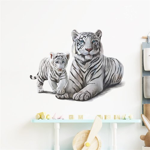 ROFARSO Lifelike Cute Lovely White Tiger Jungle Animal Wall Stickers Removable Wall Decals Peel and Stick Wall Art Decorations Home Decor for Kid Nursery Baby Bedroom Living Room Playing Room