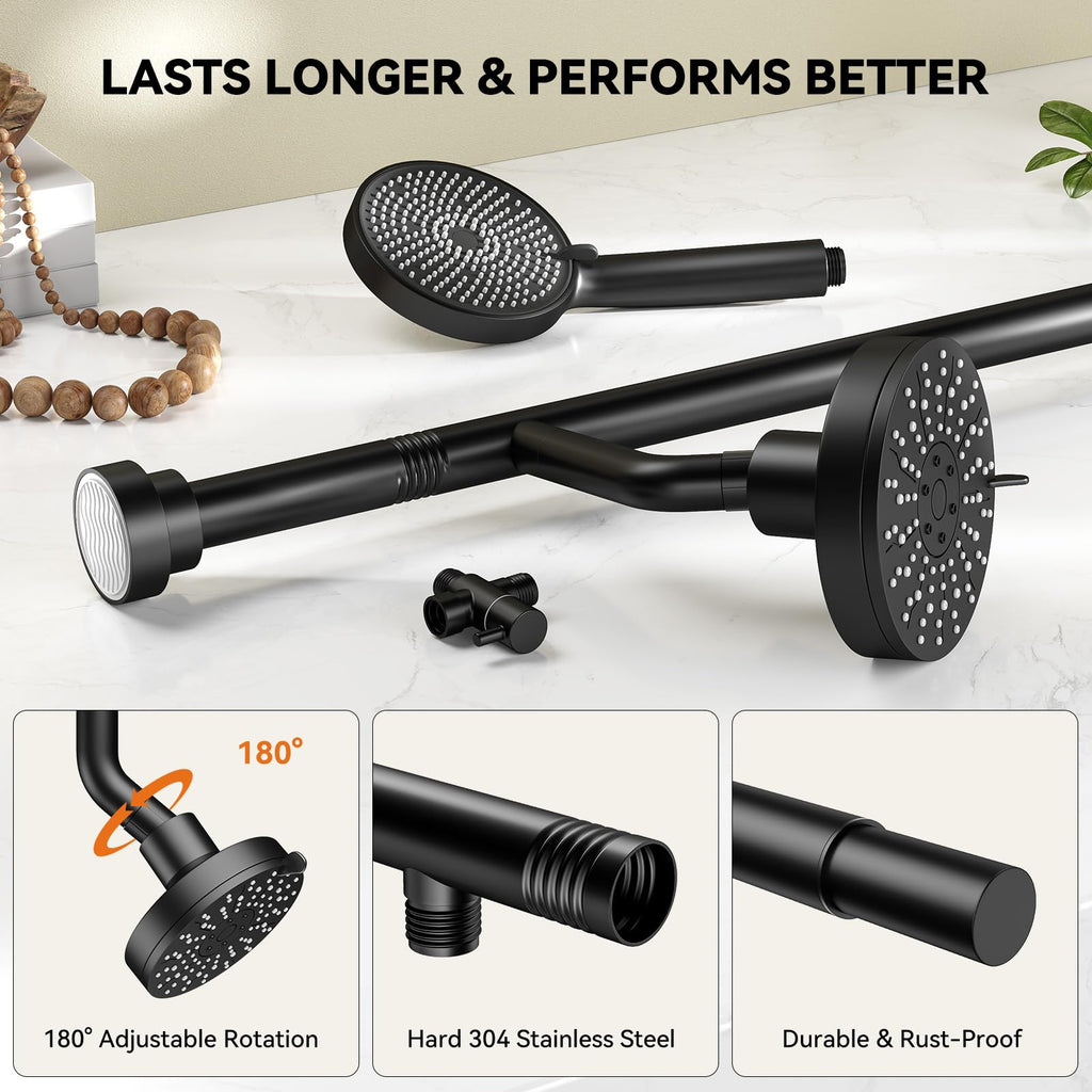 NTPN Dual Shower Head with Handheld for Couples, High Pressure Double Shower Heads for Two People Rod, Two Showerhead System Fit 2 Person, Gifts for Women Men, SPA-Like (Black, Segmented Design)