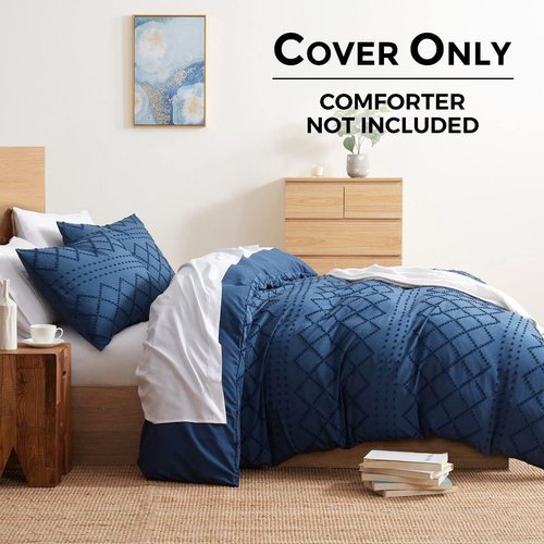 Boho Bedding Queen Duvet Cover Set - Navy Textured Tufted 3-Piece 90x90 Inches with Zipper Closure & 2 Pillow Shams