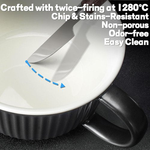 Artena 38 oz Soup Bowls - Large Microwave Safe Ceramic Ramen Bowls with Handles & Lids | Black, Set of 1