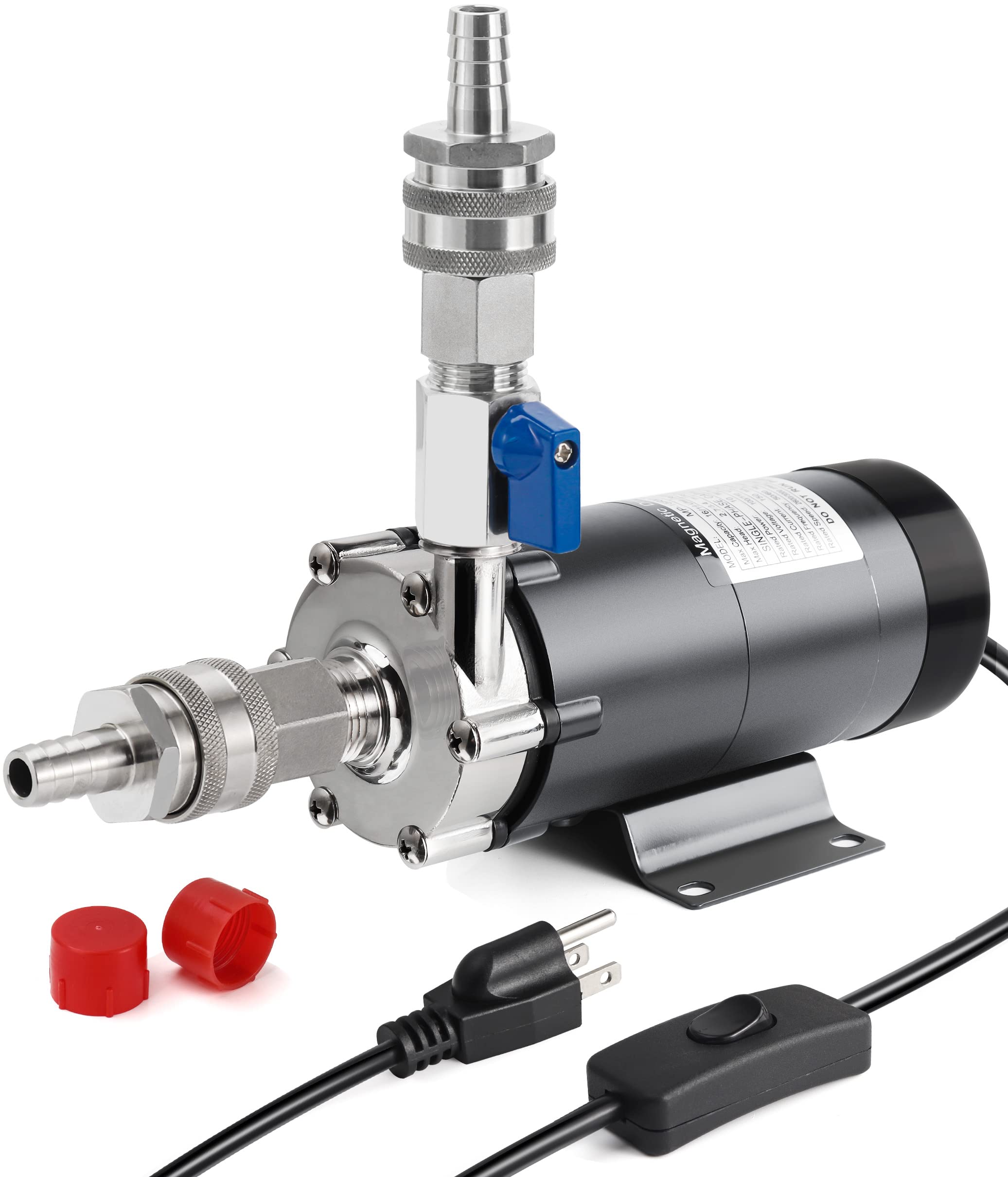 Hilangsan Wort Pump High Temp Brewing Pump Food Grade Pump Stainless Steel Head brew Pump Homebrew pump Magnetic Drive Pump Wort Transfer Pump with Inline Switch Mini Valve Quick Disconnects(gray)