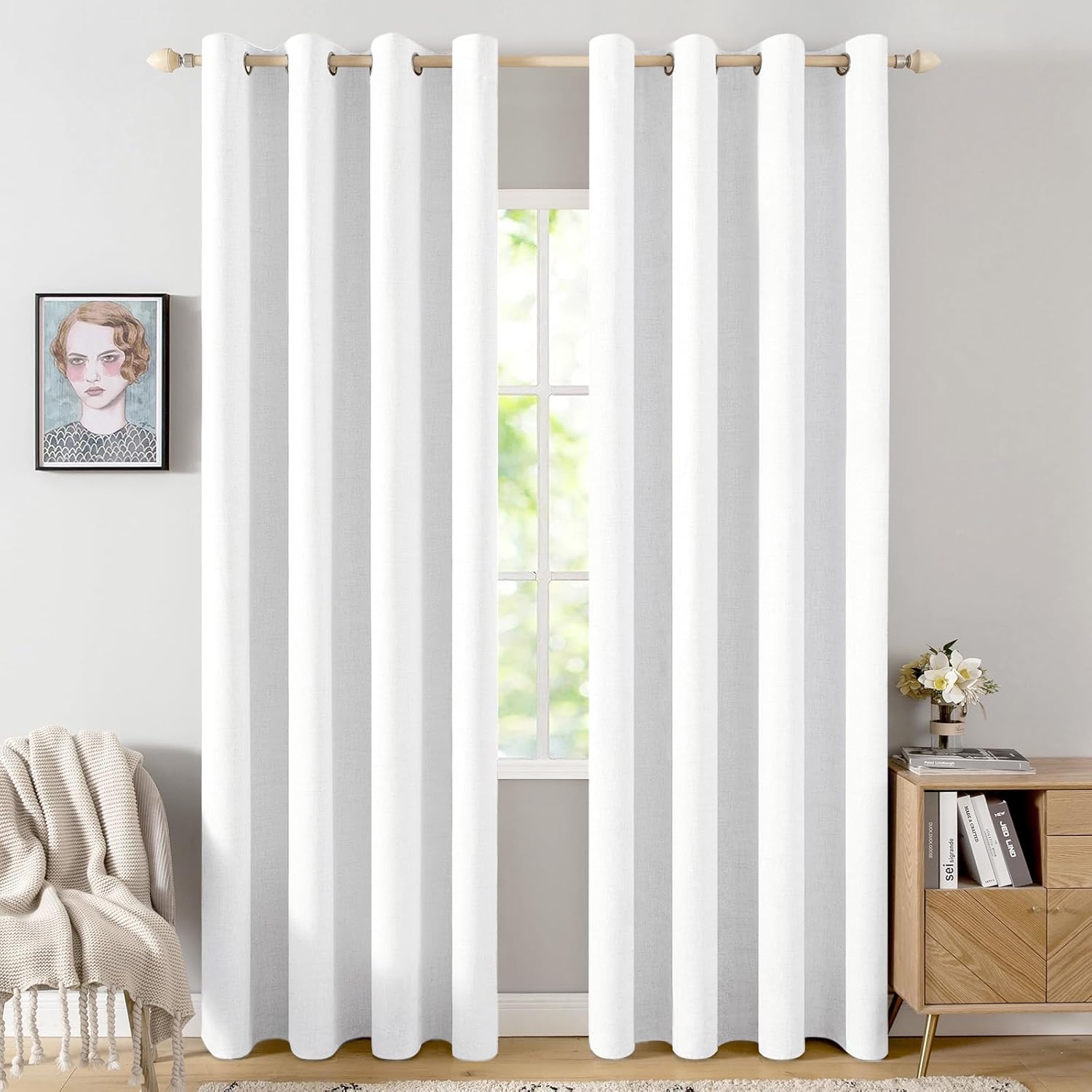MIULEE Blackout Linen Textured Curtains - Thermal Insulated Room Darkening Drapes | Bright White, 52 x 108 Inch (2 Panels)