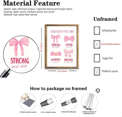**JBZDD Christian Pink Bow Wall Art - Set of 3 Unframed Inspirational Bible Verse Prints | 12x16in for Girls' Room**