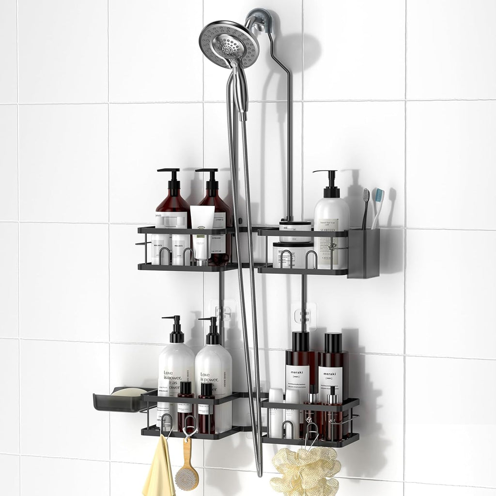 Reinhardt Adjustable Shower Caddy - Rustproof Hanging Organizer with Hooks & Soap Holder | Black