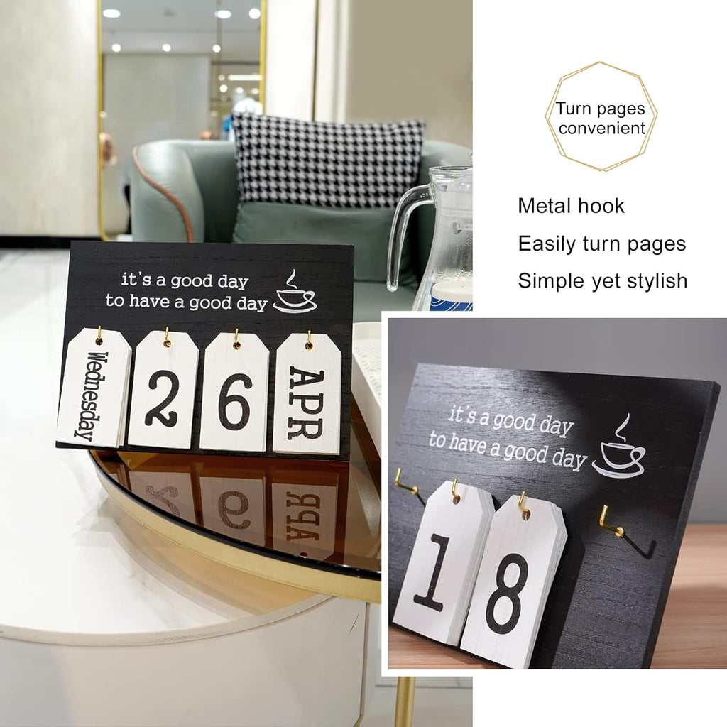 Notakia Wooden Desk Calendar - Vintage Perpetual Flip Calendar with Month & Day Display (Black)