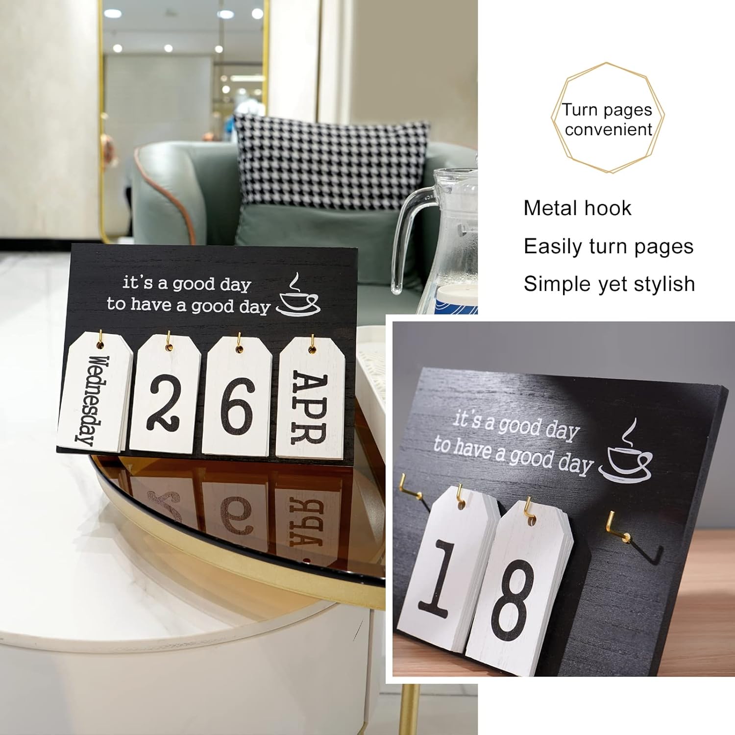 Notakia Wooden Desk Calendar - Vintage Perpetual Flip Calendar with Month & Day Display (Black)