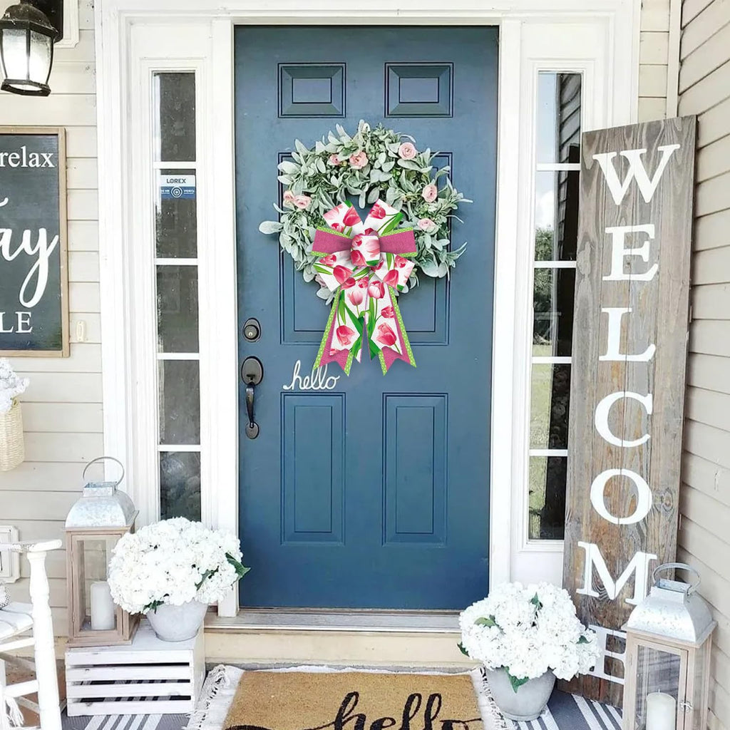 Threetols Floral Wreath Bows - 2 Pack Pink Tulip Design for Indoor/Outdoor Home Decor | DIY Craft