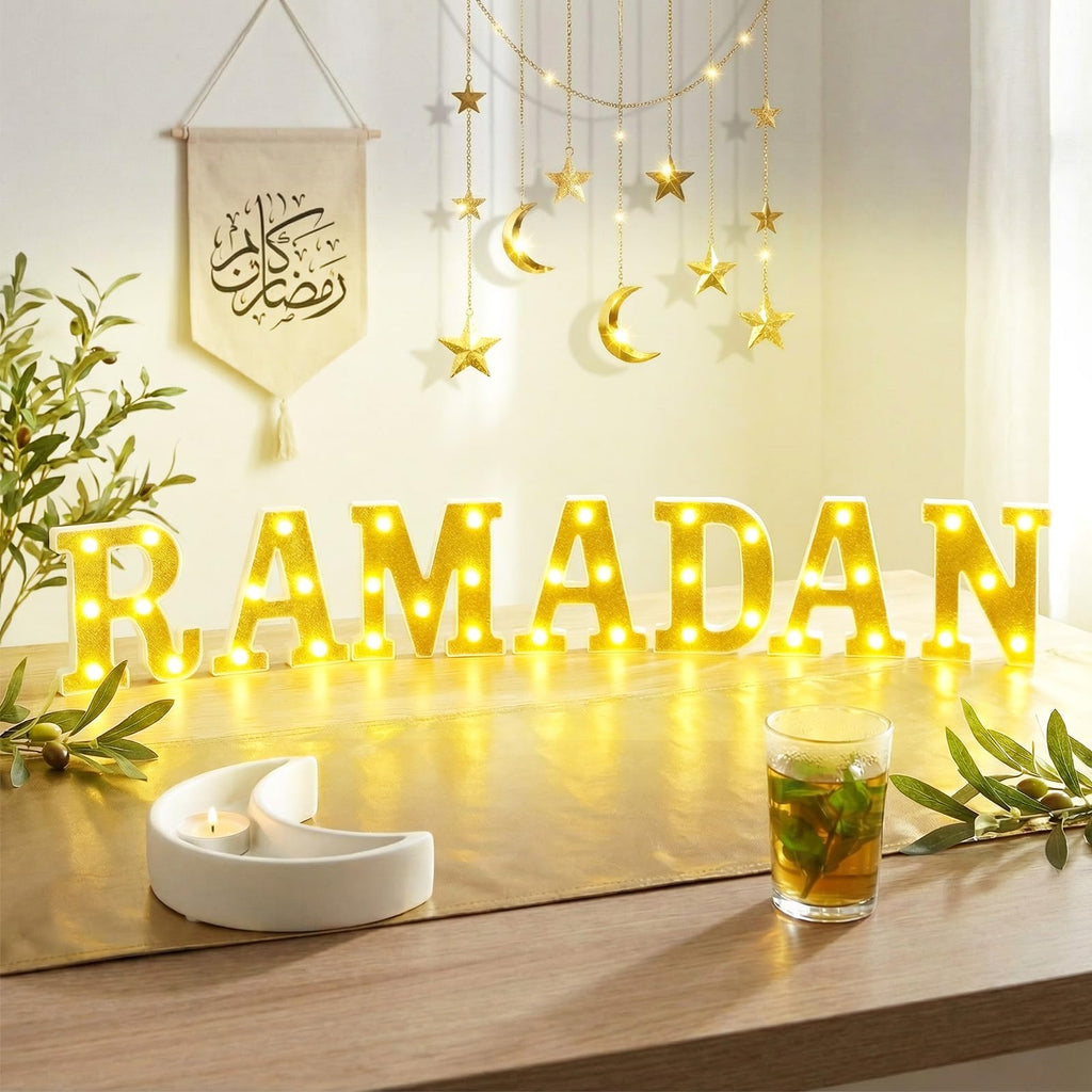 Aurelema 7 Pcs Ramadan Decorations Ramadan Large LED Letter Sign Powered Battery Light Gold Powder Surface Hanging Decor for Party Decorations Indoor Outdoor