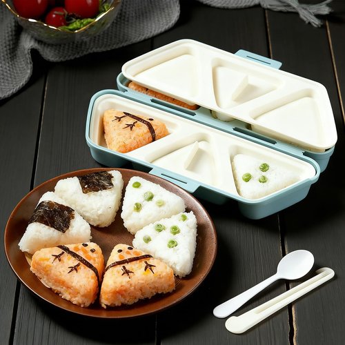 6-in-1 Onigiri Mold Set - Triangle Sushi Molds for Quick & Easy Rice Balls, Convenient Rice Container for Seaweed Sushi Musubi - Portable, Easy to Clean (Blue)