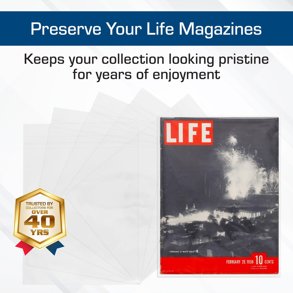 BCW Resealable Life Magazine Bags - 100 Pack | Crystal Clear Polypropylene | Archival Quality |Store Collectible Life Magazines | Exterior 11 1/8 x 14 1/4
