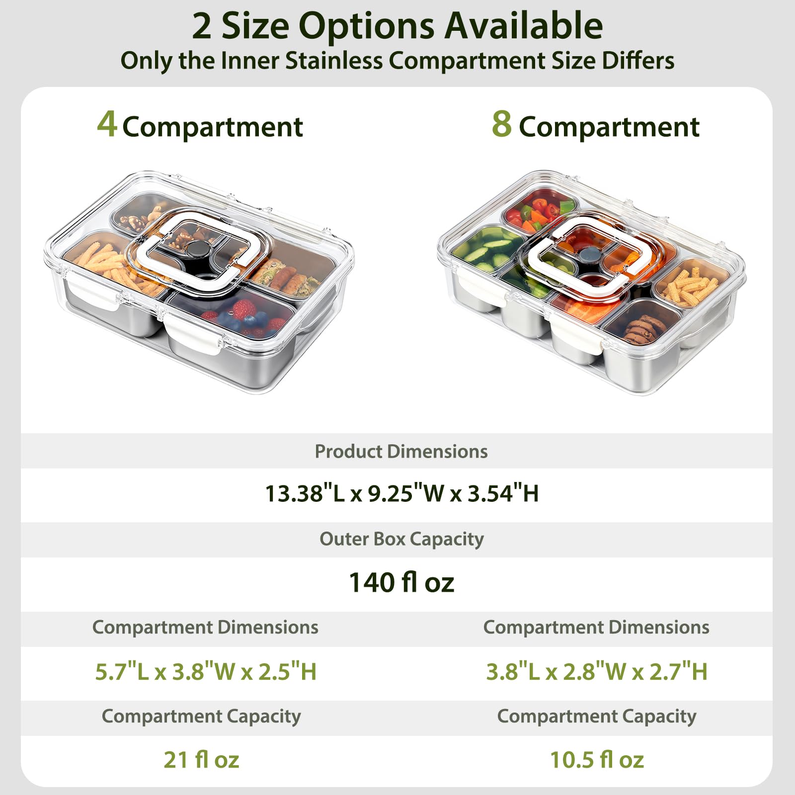 Freshmage Snackle Box Container, Stainless Steel Divided Serving Snack Tray with Lid and Handle, 4 Compartment Portable Snack Platters for Road Trip, Beach, Picnic, Ball Games, Pool and Parties