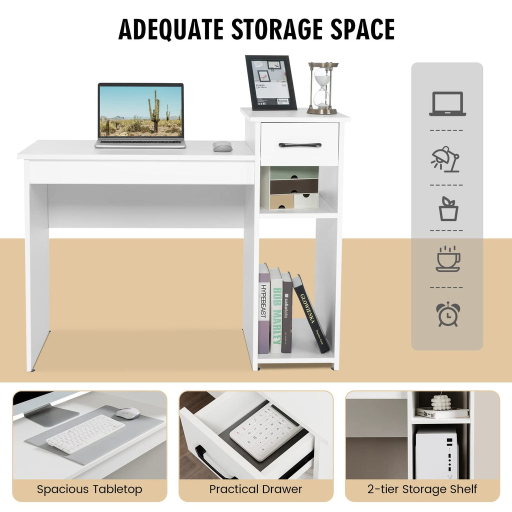 COSTWAY Computer Desk, 40 inch Laptop PC Gaming Table with Drawer, Monitor Stand & Storage Shelf, Modern Simple Study Writing Table for Home & Office, Easy Assembly, White