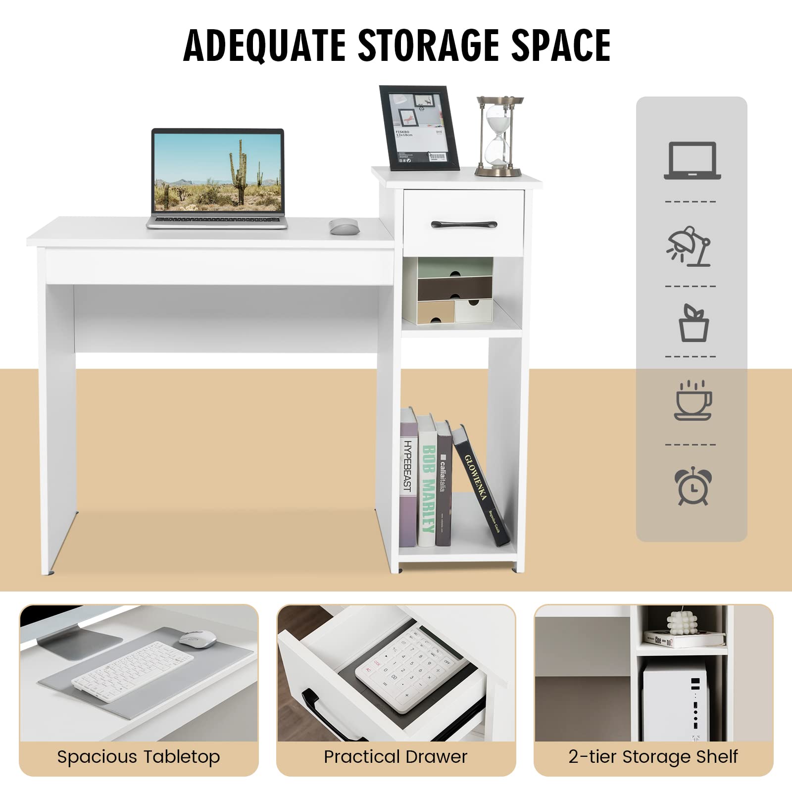 COSTWAY Computer Desk, 40 inch Laptop PC Gaming Table with Drawer, Monitor Stand & Storage Shelf, Modern Simple Study Writing Table for Home & Office, Easy Assembly, White