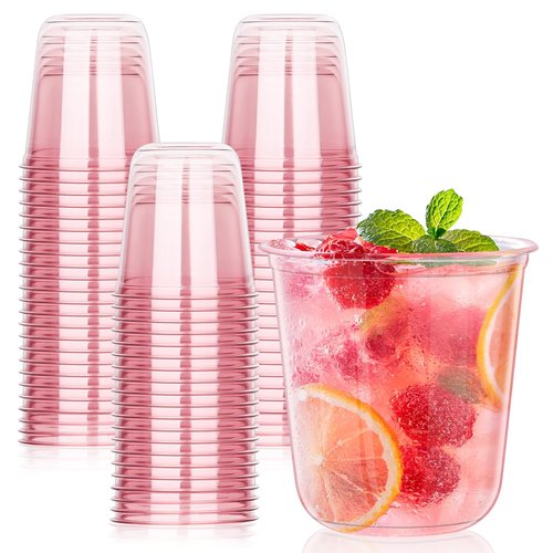 KesaPlan 100 Pcs Pink Plastic Cups, 12oz Disposable Stemless Wine Glasses for Cocktail Cute Clear Cocktail Wine Glasses Pink Party Cups for Valentine's Galentine's Day Wedding Christmas Party
