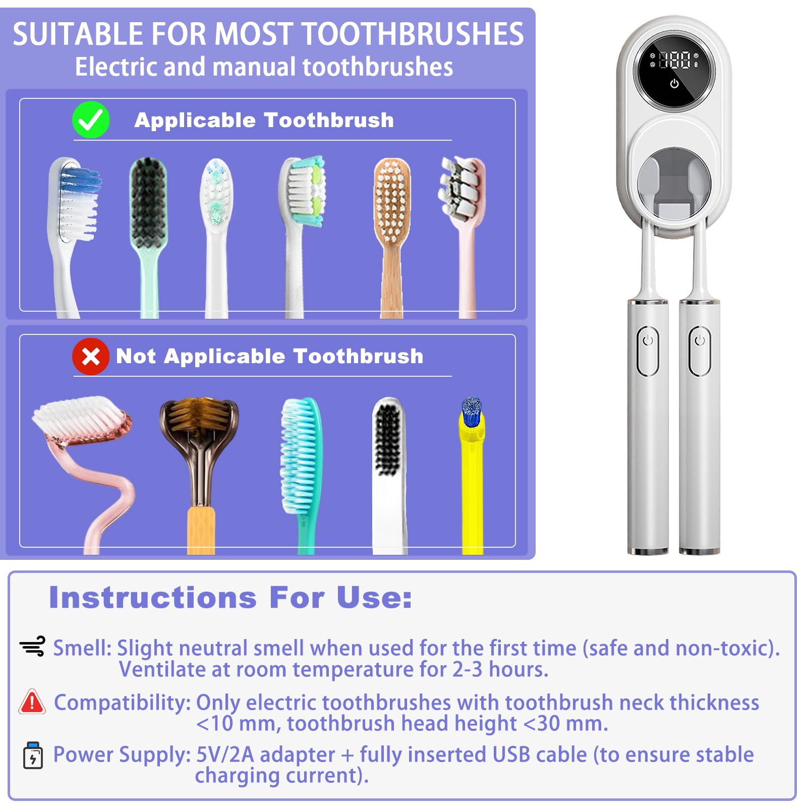 Wall Mounted Toothbrush Holder, Toothbrush Covers with 2 Toothbrush Slots, Portable Cleaning Box for Electric and Manual Toothbrushes, Inductance Cleaner Case Without Drilling (Black)