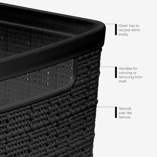Curver Decorative Storage Baskets Set of 6 | Medium 12L Jute Bins for Home, Office & Kitchen - Black