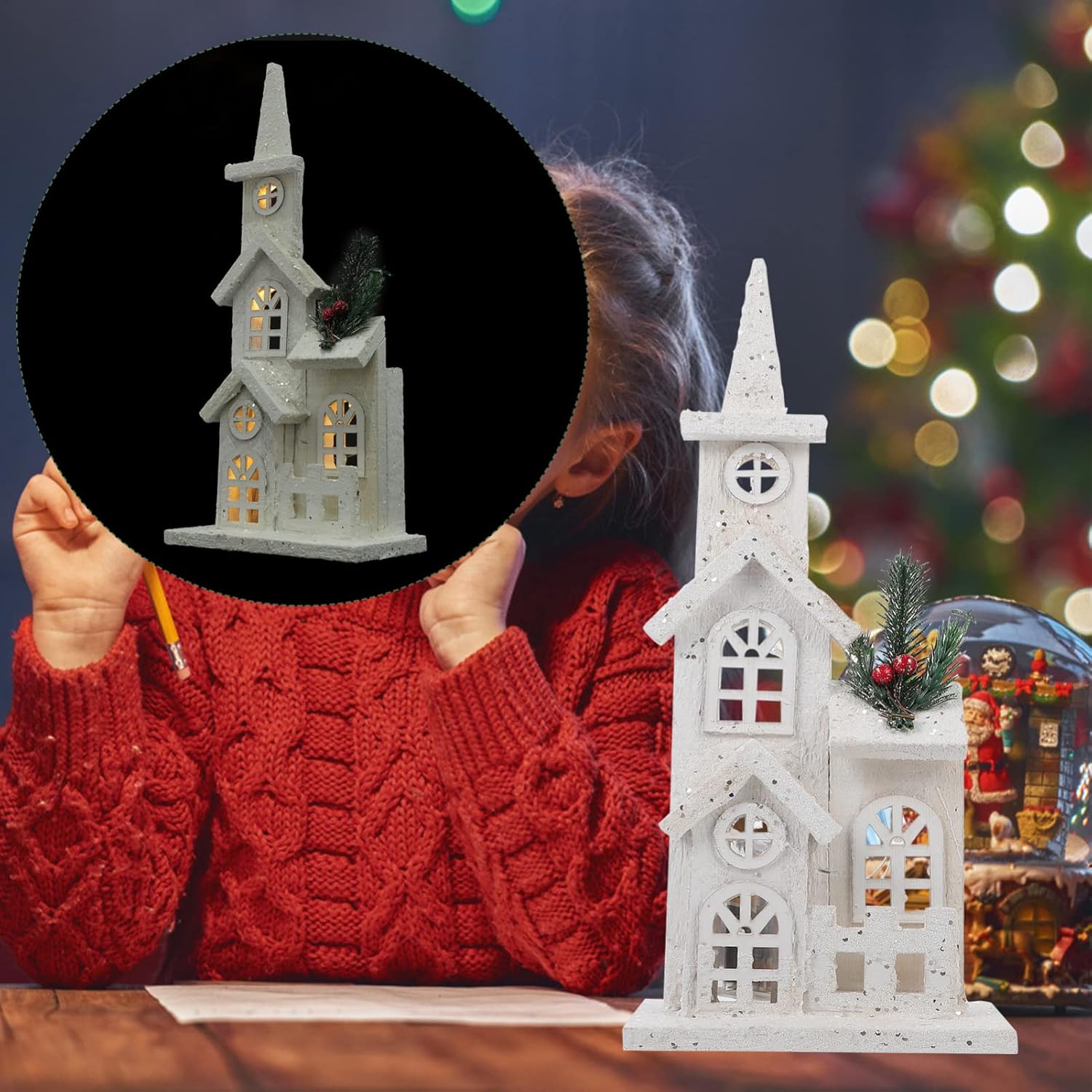 NUOBESTY Christmas LED Church Light House - Wooden Village Snow Scene Ornament for Holiday Home Decor